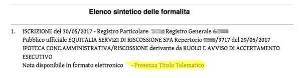 nota della presenza del titolo telematico nell'elenco delle formalità
